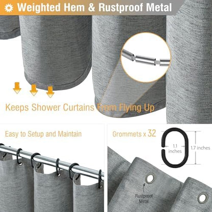 BTTN 180x72 Linen Textured Waterproof Fabric Shower Curtain, Grey/Gray