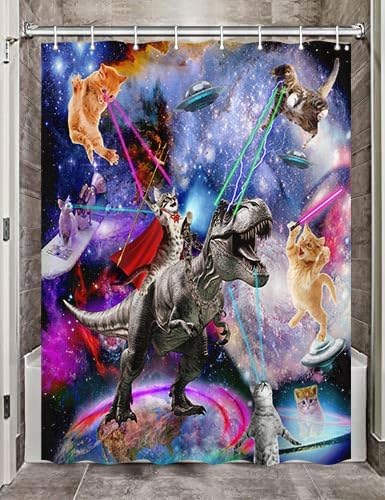 Funny Cat Shower Curtain, Cool Cat Dinosaur Japanese Ocean Wave Shower Curtain, Cat Riding Dinosaur Fun Shower Curtain Nautical Kids Children Rustic Wooden Farmhouse Shower Curtain, 47X64inch, Purple