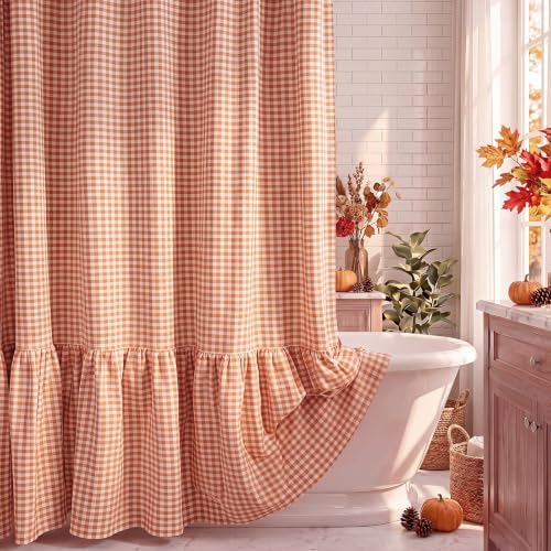 HunnmingRe Ruffle Hem Gingham Shower Curtain, Orange Farmhouse