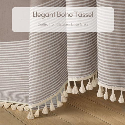 Taupe Farmhouse Linen Striped Shower Curtain with Tassel 72"W X 72"L