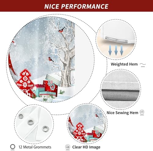 Winter Christmas Shower Curtain for Bathroom 72W*72H Inch Cute Gnome Cardinals Snowflake Snowy Bird Forest Holiday Decorations Bathtub Decor Waterproof Polyester Fabric Set