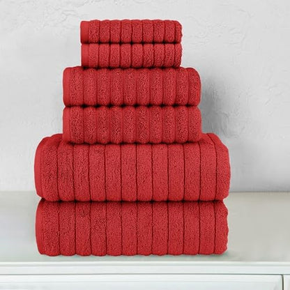 Elegant Comfort 100% Turkish Cotton Corduroy Ribbed Luxury Bath Towels 6-Piece Set, Premium Feel - Quick Dry, Highly Absorbent, Contains 2 Bath Towels, 2 Hand Towels, and 2 Washcloths, Red