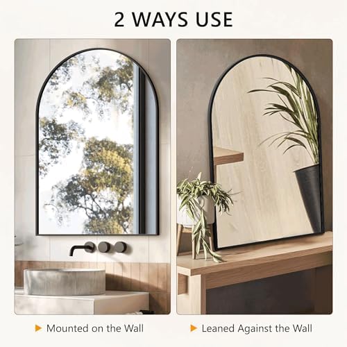 Arched Bathroom Mirror for Wall, 30" x 20" Metal Frame Vanity Mirror, Black