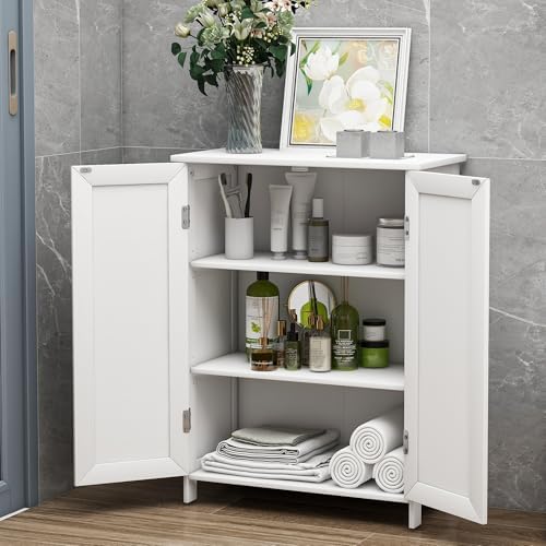 Bathroom Cabinet with Adjustable Shelf Freestanding Storage Cabinet with 2 Doors Wooden Organizer Floor for Bathroom Kitchen and Living Room (White, 2 Doors)