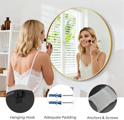 30 Inch Round Bathroom Mirror for Wall, Matte Gold Metal Framed