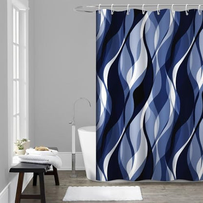 Navy Blue Striped Shower Curtain with Hooks for Bathroom 60x72 Inch