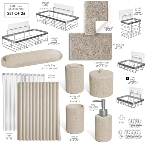 Clara Clark Beige Bathroom Set - Bathroom Sets with Shower Curtain and Rugs, 26PC Bathroom Accessory Set, Shower Curtain Set with Adhesive Corner Shower Caddy Hanging & Soap Dispenser