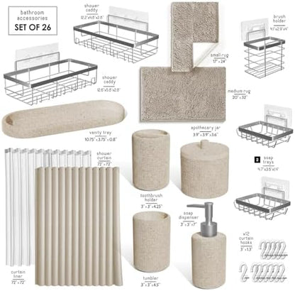 Clara Clark Beige Bathroom Set - Bathroom Sets with Shower Curtain and Rugs, 26PC Bathroom Accessory Set, Shower Curtain Set with Adhesive Corner Shower Caddy Hanging & Soap Dispenser