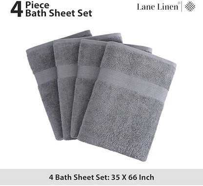 LANE LINEN Bath Sheet Quick Dry 100% Cotton 4 Pack Soft - Cool Grey