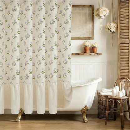 ORTIGIA Linen Textured Ruffle Shower Curtain 72x72 Inch with Metal Hooks, Vintage Blue Green Floral Flowers Block Print Boho Waterproof Bath Curtain for Rustic Farmhouse Bathroom Decor