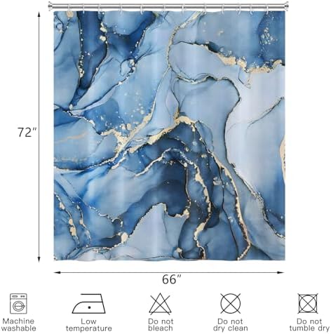 Blue Marble Shower Curtain, Modern Abstract Luxury Blue Gold Ink Texture Watercolor Art Bathroom Curtains Ombre Machine Washable Waterproof Fabric Bathtub Curtain Set with Hooks 66" Wx72 L