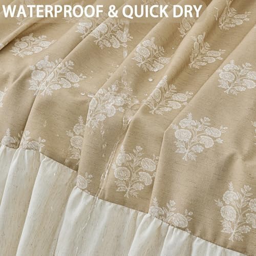 ORTIGIA Linen Textured Ruffle Shower Curtain with Metal Hooks, Brown Vintage Block Print Floral Boho Waterproof Bath Curtain for Rustic Farmhouse Bathroom Decor 72x72 Inch