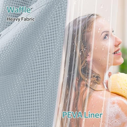 Vipfree 3 in 1 Shower Curtain Set, Waffle Shower Curtain and Liner Set with 12 Double Sided Shower Curtain Hooks, 258GSM Luxury Weighted Cloth Shower Curtains for Bathroom, 72 W x 72 H, Fog Blue