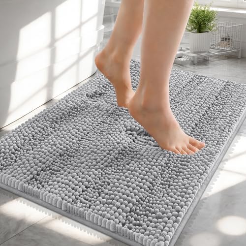 OLANLY Thick Small Bathroom Rugs 24x16, Soft Chenille Bath Rugs, Light Grey
