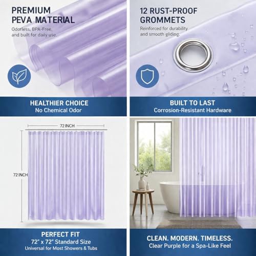 EHZNZIE Purple Shower Curtain Liner 72x72, PEVA Waterproof Bath Curtain, No Chemical Smell, 3 Weighted Magnets, Durable with Rustproof Metal Grommets