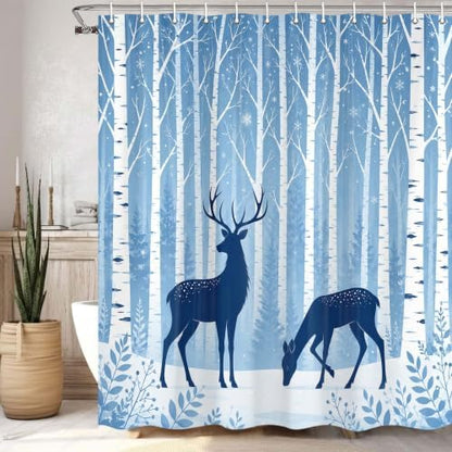 Deer Birch Tree Shower Curtain Winter Woodland Forest Bath Curtain 72x78in