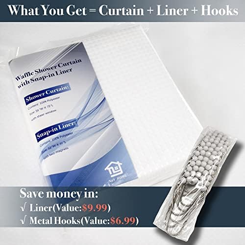 N&Y HOME 54 x 78 Waffle Weave Shower Curtain with Snap-in Liner Set White