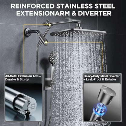 Veken Gunmetal Gray 11.8" High Pressure Shower Head with Handheld, Durable