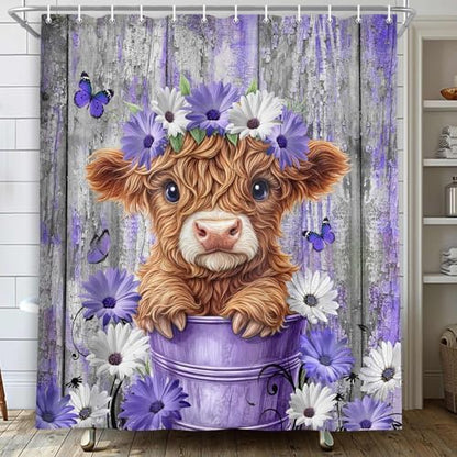 Cute Highland Cow Shower Curtain for Bathroom, Farmhouse Rustic Wooden Cattle Bathroom Decor Set, Funny Daisy Floral Flowers and Butterfly Waterproof Fabric Bath Curtains with 12 Hooks 47X64in