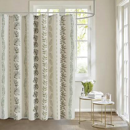 ORTIGIA Linen Striped Shower Curtain 72x84 Inch Extra Long with Metal Hooks,Sage Green Leaf Botanical Waterproof Natural Linen Bath Curtain for Rustic Farmhouse Bathroom Decor