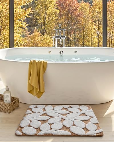 DEXI Bathroom Rugs Non Slip Washable 36x24, Boho White Leaf Bath Mat, Brown