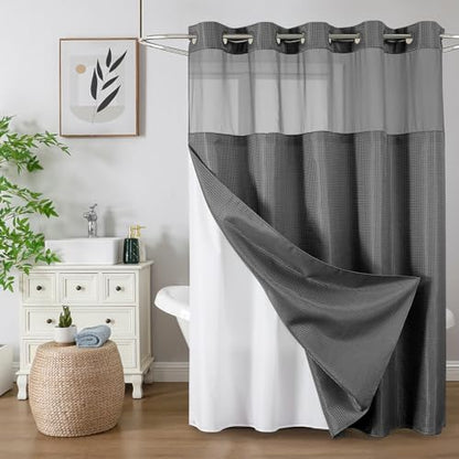 Colorful Star Charcoal Grey No Hook Waffle Shower Curtain Set, 72 x 81 Inch