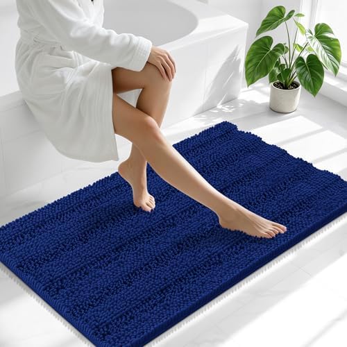 Smiry Thick Chenille Bathroom Runner Rugs 47x17, Absorbent Bath Mat, Navy