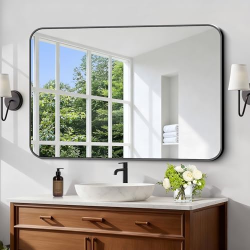 Black Bathroom Mirror, 28x42 inch Aluminum Metal Frame Rectangular Vanity Mirror, Wall Mounted Rectangle Mirrors with Rounded Corner for Bedroom Living Room Hangs Horizontal Or Vertical
