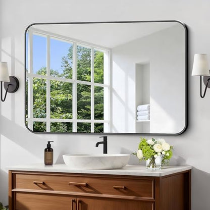 Black Bathroom Mirror, 28x42 inch Aluminum Metal Frame Rectangular Vanity Mirror, Wall Mounted Rectangle Mirrors with Rounded Corner for Bedroom Living Room Hangs Horizontal Or Vertical