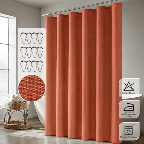 ANRODUO Burnt Orange Linen Textured Fabric Shower Curtain Set - W72xL72