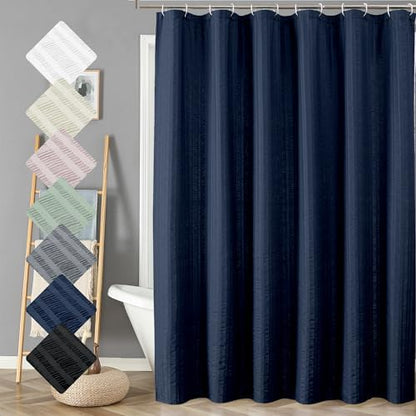 Aiyufeng Moga Extra Long Navy Blue Shower Curtain 96 Inch Long, Embossed Texture Fabric Bathroom Shower Curtain, Large Hotel Bath Curtain with 12 Holes, 72Wx96H, Dark Blue