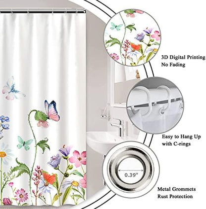 AWERT Small Half Size Stall Shower Curtain with 6 Hooks 36 inch Shower Stall Curtain 36 x 72 Butterfly Wildflowers for Bathroom/RV and Camper (Butterfly)