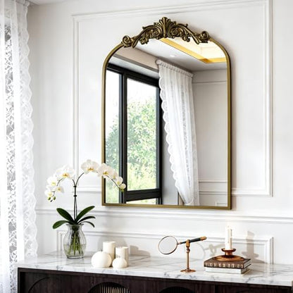 Dewfig Vintage Arched Wall Mirror, 30"x22" Bronze Antique Bathroom Mirror