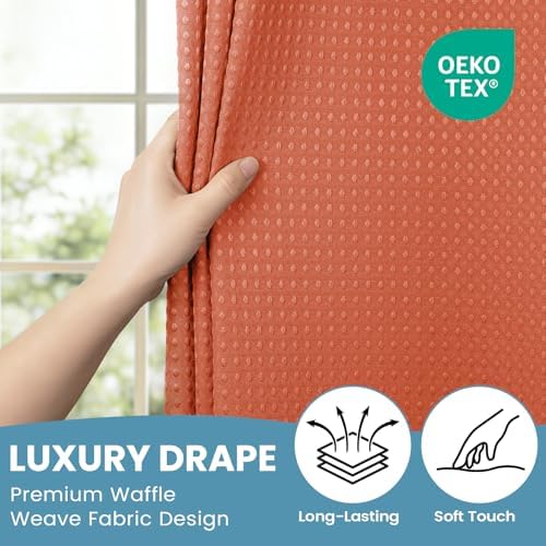 SORTTO No Hook Waffle Shower Curtain with Snap in Liner Set, 71x74, Coral
