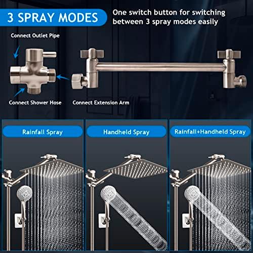 Shower Head Combo(Brushed Nickel),8 Inch High Pressure Rain Shower Head with 11 Inch Adjustable Extension Arm and 5 Settings Handheld Shower Head Combo,Powerful Shower Spray Against Low Pressure Water