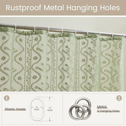 WAZZIO Sage Green Lace Shower Curtain - Vintage Pretty Floral Sheer Shower Curtains, Elegant Decorative Tassel Bath Curtains for Bathroom, 72 x 84 Inch, 1 Piece
