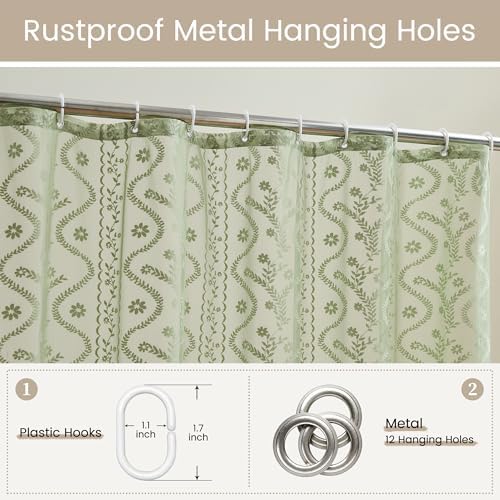 WAZZIO Sage Green Lace Shower Curtain - Vintage Pretty Floral Sheer Shower Curtains, Elegant Decorative Tassel Bath Curtains for Bathroom, 72 x 96 Inch, 1 Piece