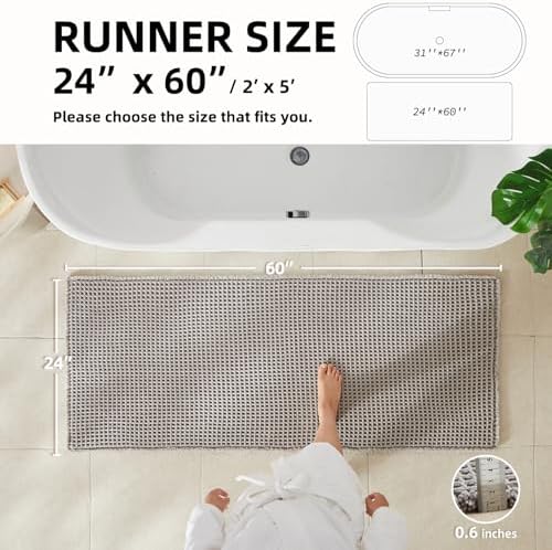 TYUU Waffle Runner Rug Bathroom, Long Boho Bath Mat, 60x24 Light Grey