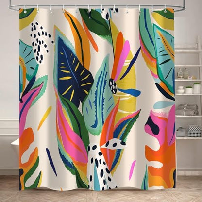 Colorful Abstract Shower Curtain, Floral Boho Modern Asthetic Plant Bathroom Curtain, Waterproof Polyester Fabric Shower Curtain Set with Hooks 60x72 Inch