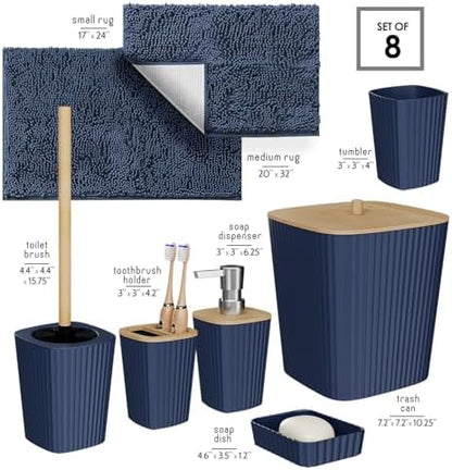 Clara Clark Bathroom Set - Navy Blue Bathroom Accessories Set, 6PC Bathroom Accessory Set, Bathroom Sets with Bathroom Rugs, Toilet Brush, Trash Can & Soap Dispenser