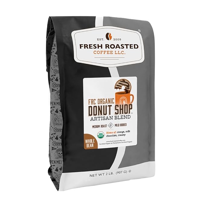 Fresh Roasted Coffee, Organic Donut Shop Whole Bean Coffee, Medium Roast, USDA Organic, Kosher, 2 lb (32 oz)