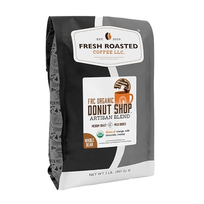 Fresh Roasted Coffee, Organic Donut Shop Whole Bean Coffee, Medium Roast, USDA Organic, Kosher, 2 lb (32 oz)