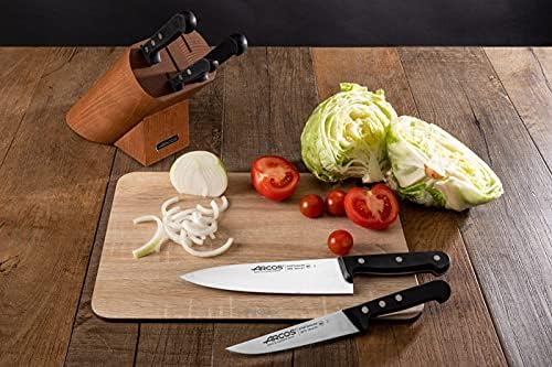 ARCOS Knife Set 5 pieces Nitrum Stainless Steel. Greater cutting power. Pine Wood Block. Ergonomic Polyoxymethylene POM Handle. Series Universal. Greater control. Color Black