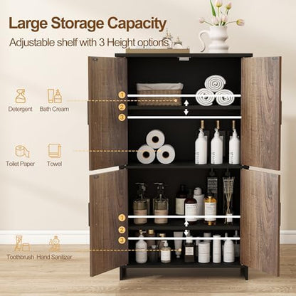 Bathroom Storage Cabinet, Floor Cabinet with 4 Fluted Doors and 2 Adjustable Shelves Wooden Tall Freestanding Organizers and Storage,Black