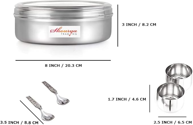 Stainless Steel Spice box with Non Breakable Transparent glass,Stainless Steel Spice Box with 7 container and 7 Small Spoons,Spice Box,Size 12 No,Color-Silver