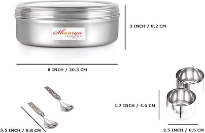 Stainless Steel Spice box with Non Breakable Transparent glass,Stainless Steel Spice Box with 7 container and 7 Small Spoons,Spice Box,Size 12 No,Color-Silver
