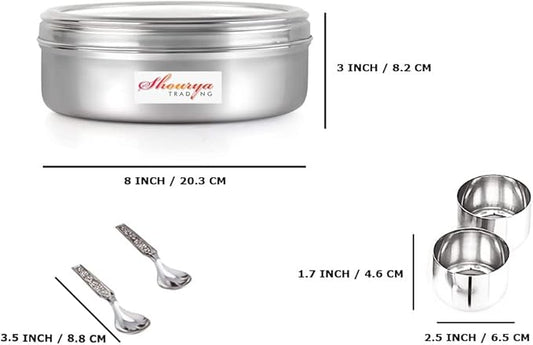 Stainless Steel Spice box with Non Breakable Transparent glass,Stainless Steel Spice Box with 7 container and 7 Small Spoons,Spice Box,Size 12 No,Color-Silver