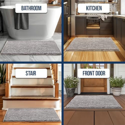 Muddy Mat® | Chenille Bathroom Rugs Quick Dry Microfiber Mats Non Slip Washable, Extra Thick, Soft and Highly Absorbent Bath Mats for Bathroom, Kitchen, and Shower Floor - Grey 35"x59"
