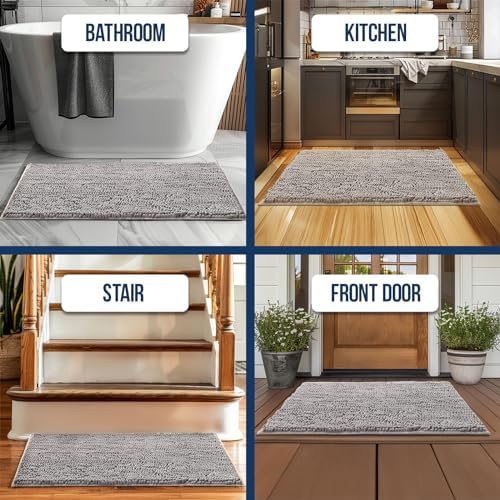 Muddy Mat® | Chenille Bathroom Rugs Quick Dry Microfiber Mats Non Slip Washable, Extra Thick, Soft and Highly Absorbent Bath Mats for Bathroom, Kitchen, and Shower Floor - Grey 24"x35"