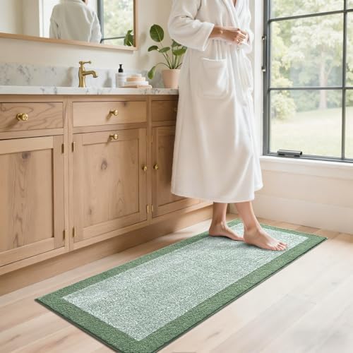 48x17 Long Bathroom Rugs Non Slip Washable, Soft Absorbent Bath Mat Green